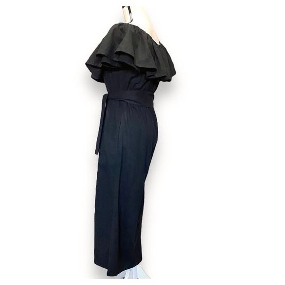 Faithfull The Brand Wide Leg Jumpsuit Sz US 4 Black Linen Ankle On Off Shoulder - Picture 9 of 15